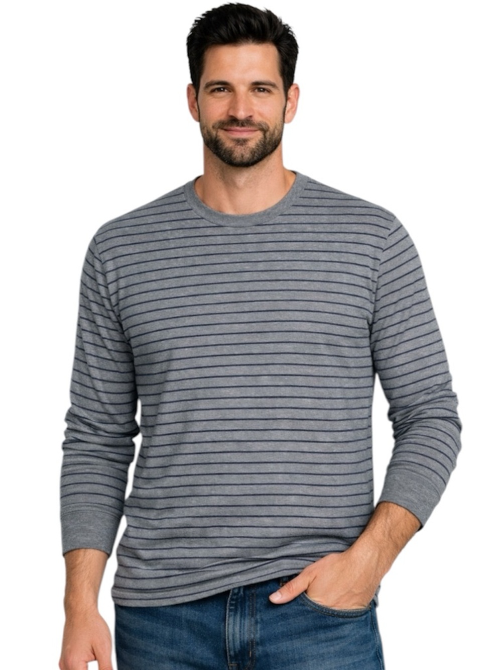 St. John's Bay Men's Gray Crewneck Long Sleeve Blue Striped Shirt Size Large